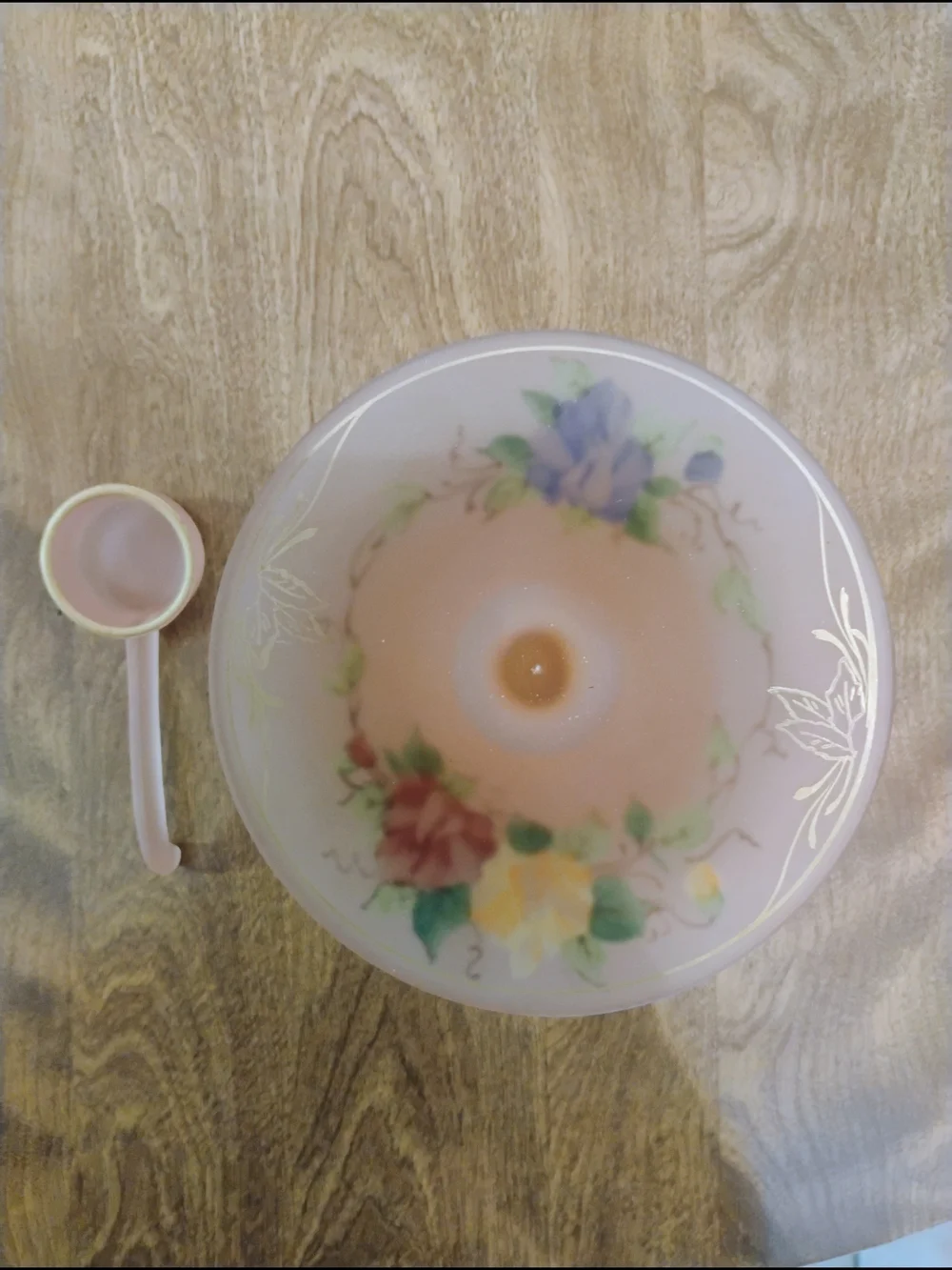 Vintage Tiffin Satin Pink Mayonnaise Bowl With Spoon Floral Poppies Gold Trim